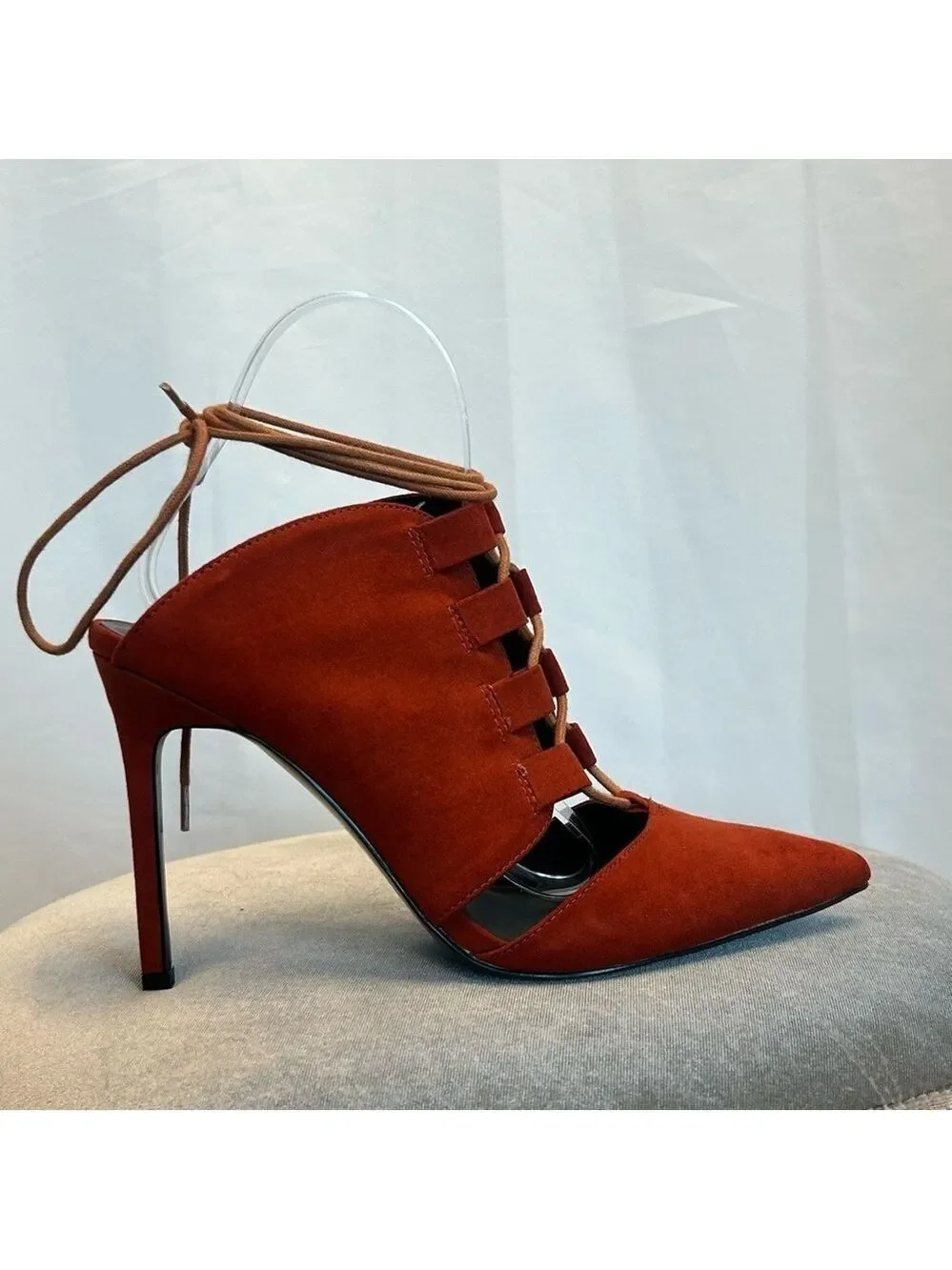 Nasty Gal burnt orange red lace-up faux leather mules high heels Sz 8.5